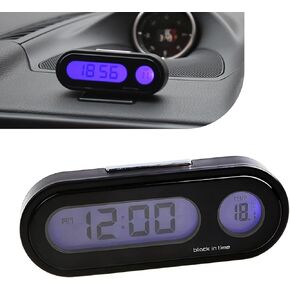 1 PC 2-in-1 Car Digital Clock & Thermometere Display, Blue Backlight LED Dashboard with Adhesive Mount, Universal Small Digital Clock Power Operated for Vehicles & Home Use (Black)