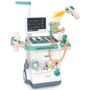 مجموعة Deluxe Doctor For Toddlers ، Prayend Medical Station المقسم للبنين والبنات ، 28 إكسسوارات ، عربة متنقلة مع أضواء ، تشمل زيارة Doctor's Montor
