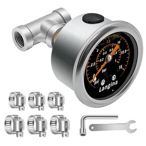 مقياس ضغط الوقود ، مقياس ضغط الوقود 0-15psi ، 1/8 بوصة التثبيت الخلفي ، 304 حالة من الفولاذ المقاوم للصدأ ، مقياس ضغط خط الوقود 15psi مع محول T fitting (304SS)