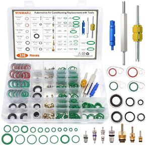 Car A/C Repair Kit, 64PCS Compressor Gasket Seals + 270PCS Green Rubber O-Ring Kit + 39PCS Car Air Conditioner Valve Core Kit, A/C R12 R134a Refrigeration Tire Valve Stem Cores with 3PCS Removal Tools