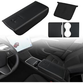 غطاء ذراع من الجلد المركزي Center Console المصمم لـ 2024-2026 Refresh Model 3 Highland/Model Y Juniper 2025-2026 ، إكسسوارات وحدة التحكم المركزية لـ Tesla Model 3/Y 2026 الملحقات الداخلية الأسود