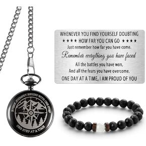 Sobriety Gift for Men Women Sober Gifts One Step at A Time Gifts Pocket Compass Black Beaded Bracelets Sobriety Cards Alcoholics Anonymous Milestone AA NA Recovery Addiction Gifts