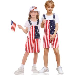 OeyFnbmO Kids 4th of July Outfit Boy American Flag Overall Girl Stretch Denim Jumpsuit USA Shorts with Zipper Fly