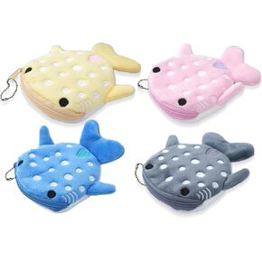 Cute Whale Shark Coin Purse, 4PCS Funny and Practical Coin Pouch, Kawaii Wallet with Zipper Keychain for Women