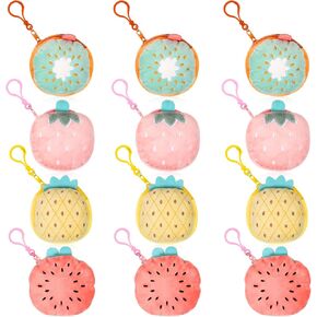 Niceup 24PCS Kids Cute Strawberry Pineapple Fruit Stuffed Plush Coin Bags Keychain Birthday Party Favors, 3inch Small Coin Purse Bags Toy Kiwi Watermelon