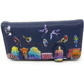 Shag Wear Birds on a Wire in the City Large Wallet for Women and Teen Girls Vegan Faux Leather Dark Grey 7"