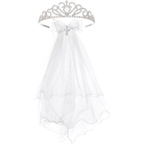 مجموعة Merroyal First Compleion Veil و Tiara ، حجابًا أبيض 24 بوصة مع التاج عبر الراين ، إكسسوارات الاحتفال الديني