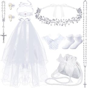 Quelay 9 Pcs First Communion Veil Set for Girls Catholic 1st Communion Veil Accessories Wreath Headpiece Crown Pearl Rosary Pouch Belt Necklace Bracelet White Gloves Sock for Kid Wedding