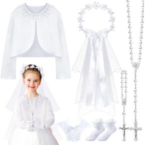Funtery 6 Pcs First Communion Veils Set 1st Communion Shawl Wreath Veil Headpiece Glove Sock Necklace Bracelet Kid