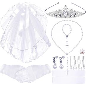 luck sea First Communion Dress for Girls Veil Crown Necklace Bracelet Gloves Socks Earrings - 1st Holy Communion Catholic Accessories Set Wedding Party