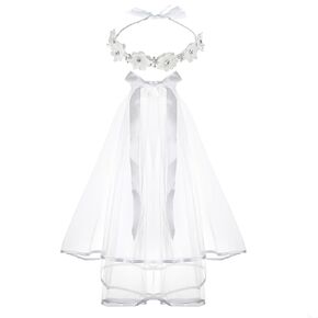 DDazzling Girls' Floral Crown with Crystals, Communion Comb, and Veil for First Holy Communion Accessories (White, One Size, Hairband)