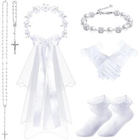 Funtery 6 PCS Girls First Compleles Veils مجموعة بيضاء 1st Communion الزهرة الزهرة الزهرة الحجاب حجاب القلادة القلادة