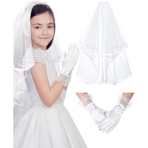 Geyoga 2 Pcs First Holy Communion Veil and Gloves Set 1st Holy Communion Accessories for Girls Wedding Party Costume