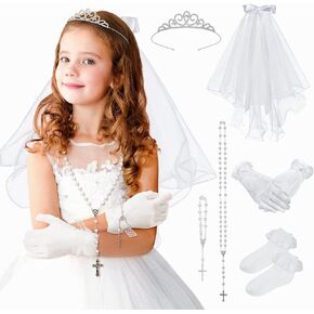 SWEETV 6 Pcs First Communion Veil Set for Girls 1st Communion Bow Veil Headpiece Accessories Set White Lace Veil Flower Crown