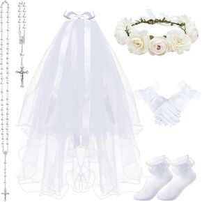 Funtery 6 Pcs Girls First Communion Veils Catholic Set 1st Communion Wreath Veil Headpiece Sock Necklace Bracelet Kid Wedding