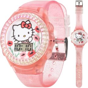 Sanrio Hello Kitty Kids LCD Watch – Pink Glitter Strap, Transparent Case, Iridescent Bezel, Digital Display, Cute Floral Printed Dial, Adjustable Fit, Perfect for Girls – Fits Wrists 5.5" to 8"