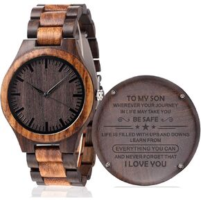 Fodiyaer Custom Engraved Wood Watch Gifts for Son from Parent As Personalized Christmas Birthday Graduation Wooden Idea with Cowhide Leather Strap