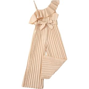 Girls' Jumpsuit Kids Ruffle Trim Halter Waist Belt Wide Leg Pleated Long Romper Tween Gilrs Summer Outfit Size 8-12