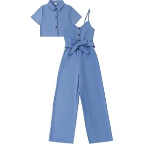 Girls Jumpsuit Summer Outfits Kid Crop Top Short Sleeve Halter Belted Romper Tween Girl Cute Clothing Set Size 8-12