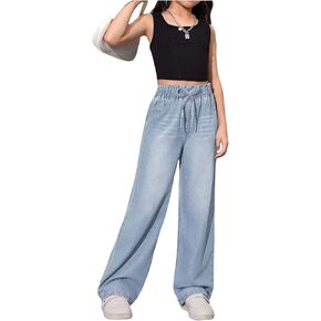 Girl's Drawstring Elastic High Waisted Jeans Straight Leg Denim Pants Casual Jeans with Pockets