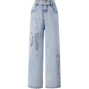 WDIRARA Girl's Bowknot Print Washed Jean Elastic Waist Denim Pants Straight Leg Trousers with Pockets