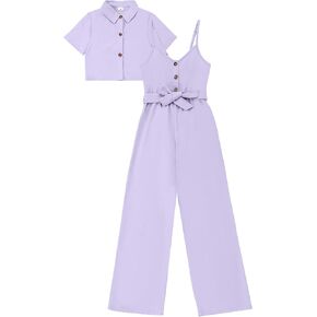Girls Jumpsuit Summer Outfits Kid Crop Top Short Sleeve Halter Belted Romper Tween Girl Cute Clothing Set Size 8-12 in Saudi Arabia