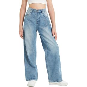 جينز Exarus Girls Lead Wide Liter Baggy Teen Denim Bants Mid Rise Lister Band مع جيوب غير رسمية