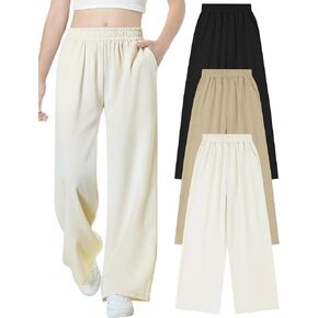 Exarus 3 Pack Girls Wide Leg Pants فضفاضة بنطلون من الكتان مع جيوب الخصر المرن غير الرسمي للأطفال 6-12y