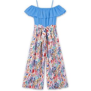 oklady Girls' Jumpsuits Belted Ruffle Top High-waisted Wide Leg Pleated Pants One Piece Outfit 6-14 Y