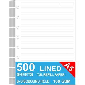 Junior Size Discbound Refill Paper - 8 Discs Discbound Paper, Lined Arc Paper Refill, 100gsm, Disc Paper Refill White Paper, 300 Sheets/600 Pages, 5.8 X 8.25 in in Kuwait