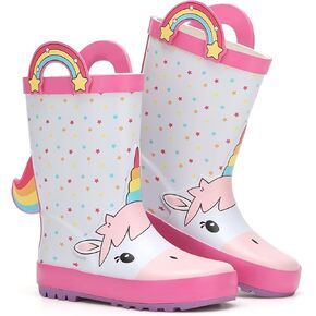 Toddler Rain Boots Kids Waterproof Rubber Boots for Boys and Girls with Handles in Fun Pattern