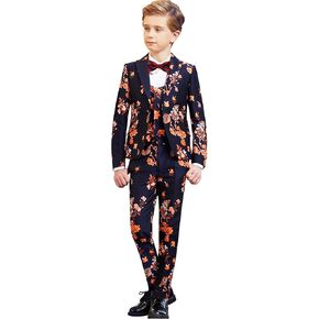 Marvelous World Boys' 4-Piece Slim Fit Printed Tuxedo Suit Set, Jacket, Vest, Pants and Bow tie