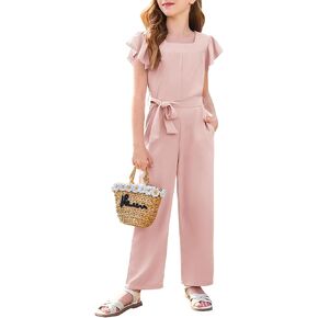 Haloumoning Girls Jumpsuit Kids Fashion Square Neck Ruffle Sleeve Belted Wide Leg Romper with Pockets