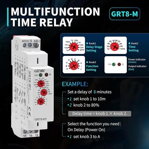 GRT8 M1 Multifunction Time Relay ، Igeyapa 16a Delay on Off AC DC 12-240V مع 10 خيارات وظيفة مرحل التتابع Rail Railays من نطاق تأخير الوقت الواسع لمدة 0.1S-10 Days in Kuwait