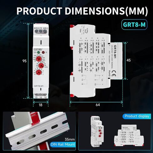 GRT8 M1 Multifunction Time Relay ، Igeyapa 16a Delay on Off AC DC 12-240V مع 10 خيارات وظيفة مرحل التتابع Rail Railays من نطاق تأخير الوقت الواسع لمدة 0.1S-10 Days in Kuwait