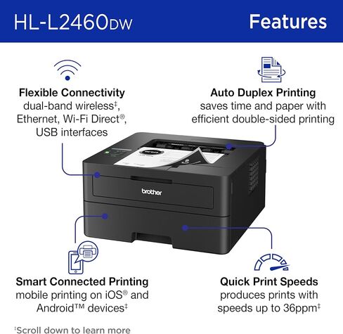 Brother HL-L2460DW Wireless Compact Monochrome Laser Printer with Duplex, Mobile Printing, Black & White Output | Includes Refresh Subscription Trial(1), (Renewed Premium) in Kuwait