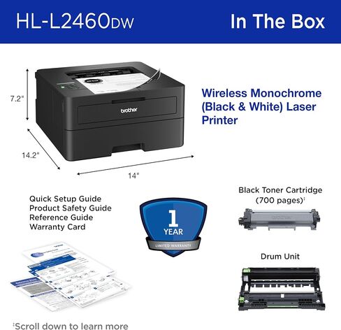 Brother HL-L2460DW Wireless Compact Monochrome Laser Printer with Duplex, Mobile Printing, Black & White Output | Includes Refresh Subscription Trial(1), (Renewed Premium) in Kuwait