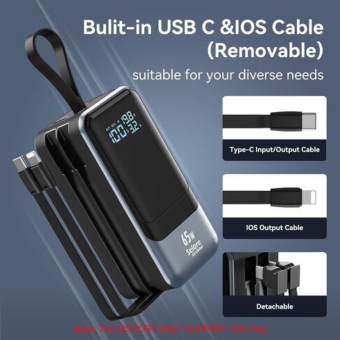 حزمة بطارية محمولة بقوة 65 وات PD حزمة طاقة شحن سريع لأجهزة الكمبيوتر المحمول مع كابل USB C&IOS مدمج شاحن بطارية طاقة خارجي لأجهزة MacBook Pro/Air وiPhone 15 14 وSamsung وSwitch in Kuwait