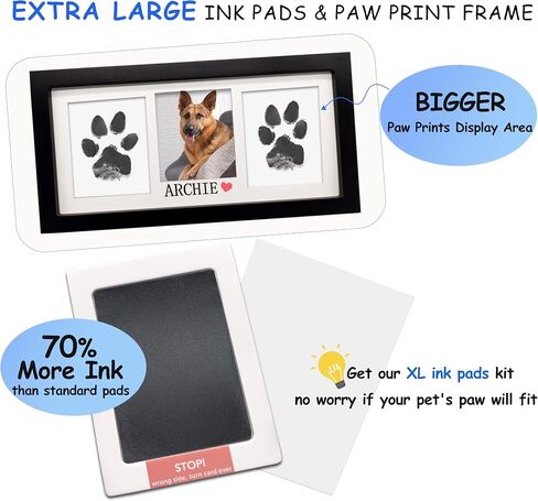 MyPawlets Paw Print Frame & Ink Pads Kit ، Kit Dog أو Cat Paw Print ، 2 لا فوضى منصات حبر للحيوانات الأليفة ، وسادة طوابع طباعة PAW للكلاب ، إطار حديدي خشبي ، إطار مخصص للحيوانات الأليفة PET PAW in Kuwait