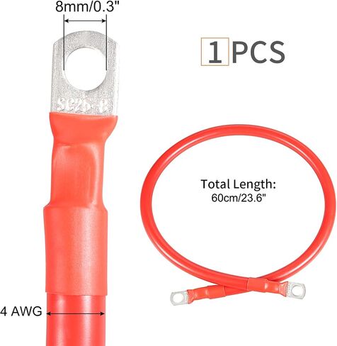 4 كابل بطارية AWG مع المحطات ، 24 "كبلات العاكس النحاس النحوي لتطبيق الطاقة الشمسية ، مركبة ، RV ، السيارة. (5/16" العروة ، أحمر) in Kuwait