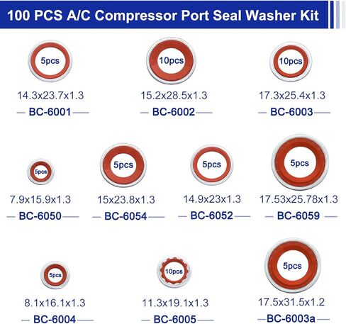 100 PCS 17 Sizes A/C System Compressor Gasket Seals Air Conditioning Compressor Port Seal Washer Kit, Gasket Bonded Seal Assortment (Red) in Kuwait