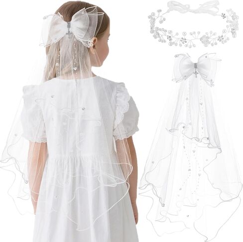 First Communion Veil Gifts for Girls Catholic White Bow Veil and Headpiece Accessories Set 1st Communion Easter Dress Up Kids in Kuwait