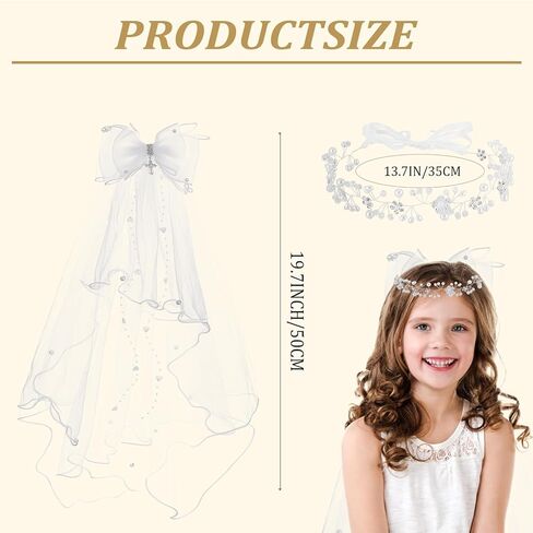 First Communion Veil Gifts for Girls Catholic White Bow Veil and Headpiece Accessories Set 1st Communion Easter Dress Up Kids in Kuwait