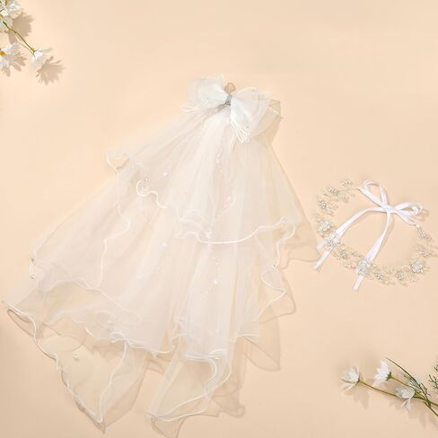 First Communion Veil Gifts for Girls Catholic White Bow Veil and Headpiece Accessories Set 1st Communion Easter Dress Up Kids in Kuwait