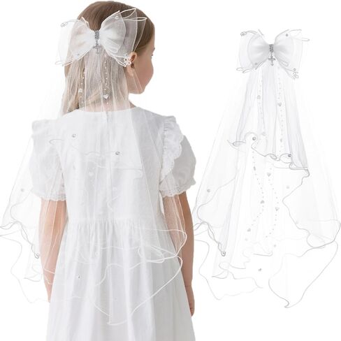 First Communion Veil Gifts for Girls Catholic White Bow Veil and Headpiece Accessories Set 1st Communion Easter Dress Up Kids in Saudi Arabia