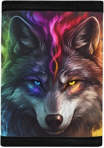 GLUDEAR Girl Boy Cool Wolf Wallet Trifold Kids Wallet Coin Pocket Card Holders Wallet Money Organizer,Rainbow Smoke Wolf Galaxy in Kuwait