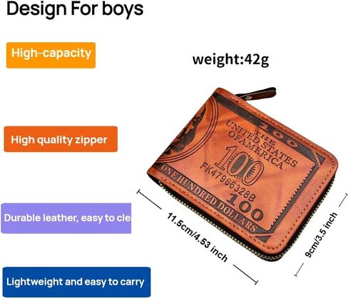 Cool Wallets for teen boys Ages 10-18, Cash with ID Window Cardholder,Faux Leather Wallet for Teen boys,Zippered Wallet for Teenagers,Teenage Teenager Youth Gift. (Brown dollar pattern) in Saudi Arabia