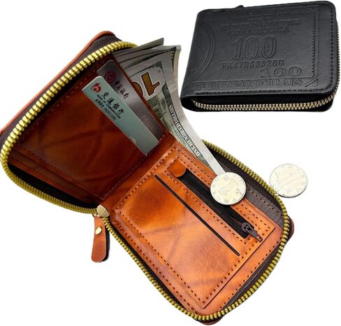 Cool Wallets for teen boys Ages 10-18, Cash with ID Window Cardholder,Faux Leather Wallet for Teen boys,Zippered Wallet for Teenagers,Teenage Teenager Youth Gift. (Brown dollar pattern) in Saudi Arabia