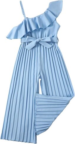 Girls' Jumpsuit Kids Ruffle Trim Halter Waist Belt Wide Leg Pleated Long Romper Tween Gilrs Summer Outfit Size 8-12 in Kuwait