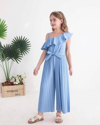 Girls' Jumpsuit Kids Ruffle Trim Halter Waist Belt Wide Leg Pleated Long Romper Tween Gilrs Summer Outfit Size 8-12 in Kuwait